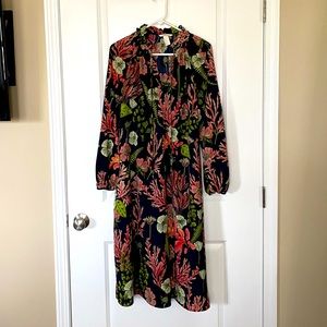 Calf length dress by H&M loose fitting floral and coral motif size medium